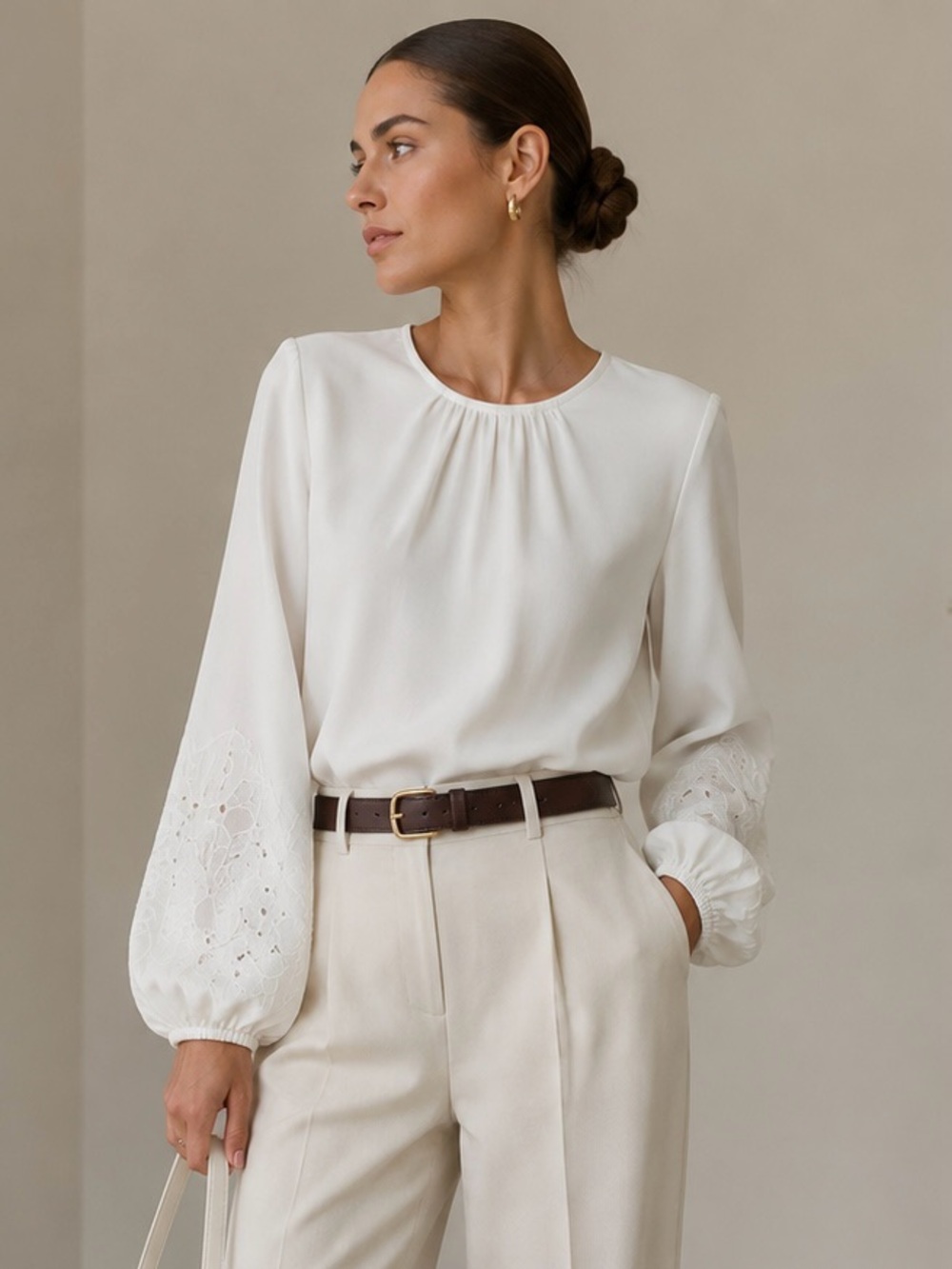 Express Ivory Embroidered Balloon Sleeve Blouse | Floral Detail | Medium